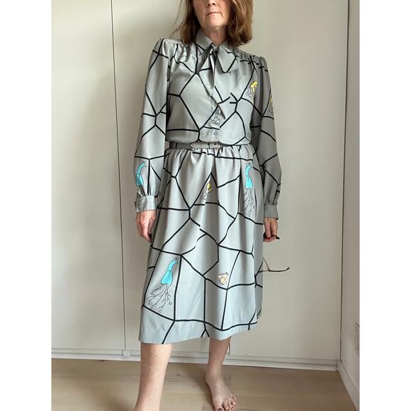 Vintage 80s Day Dress Size Med Grey Graphic Print Midi Length Office Made USA - Picture 11 of 11